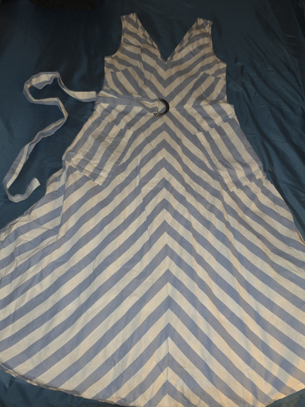 Kate Spade Linen-Cotton Blend Blue and White Striped V-Neck Dress